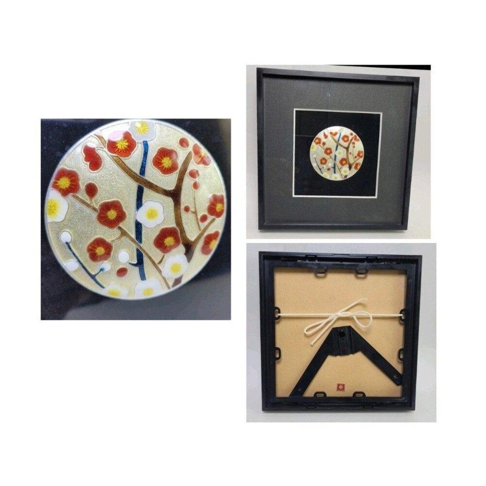 ANDO Japanese Cloisonné Enamel Plaque Cherry Plum Blossom Sealed Shadow Box Gift